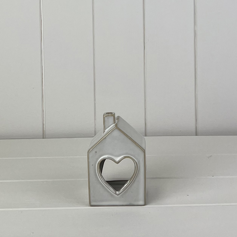 Glazed Ceramic House Tealight Holder with Heart Cut Out Design detail page